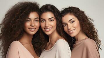 Portrait of three beautiful joyful multiracial women standing together and smiling at camera isolated over white background. Generative Ai photo