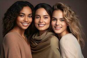 Portrait of three beautiful joyful multiracial women standing together and smiling at camera isolated over white background. Generative Ai photo