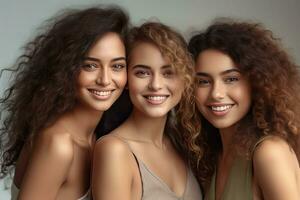 Portrait of three beautiful joyful multiracial women standing together and smiling at camera isolated over white background. Generative Ai photo