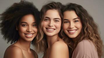 Portrait of three beautiful joyful multiracial women standing together and smiling at camera isolated over white background. Generative Ai photo