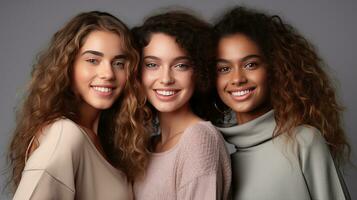 retrato de joven multirracial mujer en pie juntos y sonriente a cámara aislado terminado blanco antecedentes. generativo ai foto