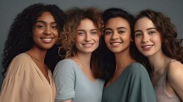 Portrait of young multiracial women standing together and smiling at camera isolated over white background. Generative Ai photo