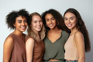 retrato de joven multirracial mujer en pie juntos y sonriente a cámara aislado terminado blanco antecedentes. generativo ai foto