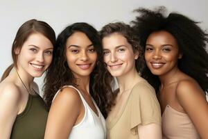 retrato de joven multirracial mujer en pie juntos y sonriente a cámara aislado terminado blanco antecedentes. generativo ai foto