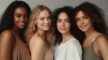 retrato de joven multirracial mujer en pie juntos y sonriente a cámara aislado terminado blanco antecedentes. generativo ai foto