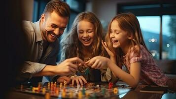 Cheerful family playing board games at home Find happiness and harmony in free time at living room. Generative Ai photo