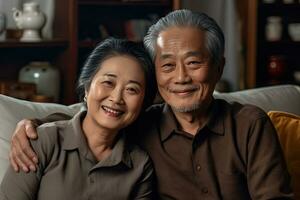 Asian elderly couple feeling happy smiling and looking to camera  in living room at home. Generative Ai photo