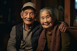 Asian elderly couple feeling happy smiling and looking to camera  in living room at home. Generative Ai photo