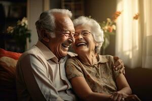 elderly couple feeling happy smiling and looking to camera while relax in living room at home. photo