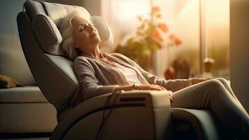 A senior woman is relaxing on her massage chair in the living room while napping. electric massage chair. Generative Ai photo