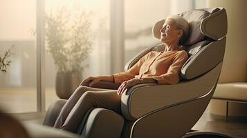 A senior woman is relaxing on her massage chair in the living room while napping. electric massage chair. Generative Ai photo