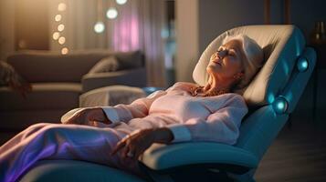 A senior woman is relaxing on her massage chair in the living room while napping. electric massage chair. Generative Ai photo