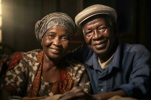 african elderly couple feeling happy smiling and looking to camera while relax in living room at home. Generative Ai photo