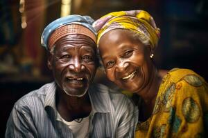 african elderly couple feeling happy smiling and looking to camera while relax in living room at home. Generative Ai photo