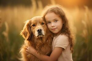 un pequeño niña abrazando dorado perro en el campo en verano día juntos. linda niño con perrito mascota retrato a naturaleza en el Mañana. alegre. generativo ai foto