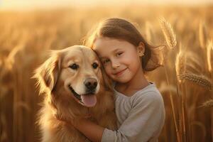 un pequeño niña abrazando dorado perro en el campo en verano día juntos. linda niño con perrito mascota retrato a naturaleza en el Mañana. alegre. generativo ai foto