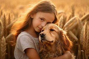 un pequeño niña abrazando dorado perro en el campo en verano día juntos. linda niño con perrito mascota retrato a naturaleza en el Mañana. alegre. generativo ai foto