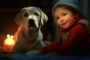 Cheerful of a child with a labrador at home. Generative Ai photo