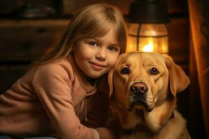 Cheerful of a child with a labrador at home. Generative Ai photo