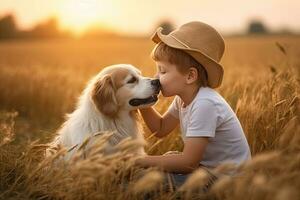 un pequeño chico Besos el perro en el campo en verano día. amistad, cuidado, felicidad, linda niño con perrito mascota retrato a naturaleza en el Mañana. generativo ai foto