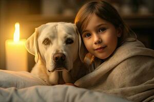 Cheerful of a child with a labrador at home. Generative Ai photo