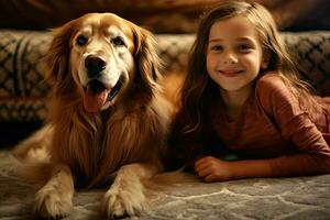 alegre de un niño con el perro acostado en el estera en el vivo habitación. generativo ai foto