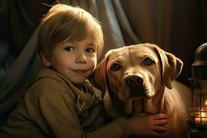 alegre de un niño con un Labrador a hogar. generativo ai foto