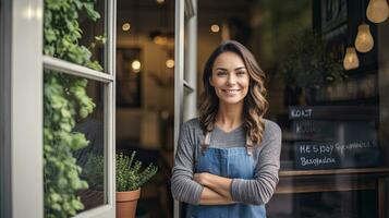 A female small business owner smiling at front door with arms folded. Generative Ai photo