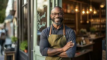 A small business owner smiles at the front door with his arms crossed. Generative Ai photo