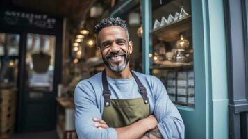 A small business owner smiles at the front door with his arms crossed. Generative Ai photo