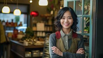 Asian female small business owner smiling at front door with arms folded. Generative Ai photo