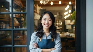 asiático hembra pequeño negocio propietario sonriente a frente puerta con brazos doblada. generativo ai foto