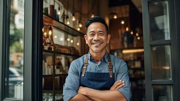 Asian male small business owner smiling at front door with arms folded. Generative Ai photo