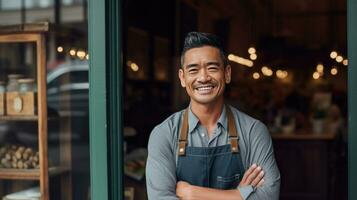 asiático masculino pequeño negocio propietario sonriente a frente puerta con brazos doblada. generativo ai foto