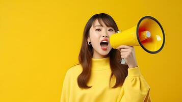 Cheerful of Asian young pretty woman holding megaphone making announcement in isolated yellow background. Generative Ai photo