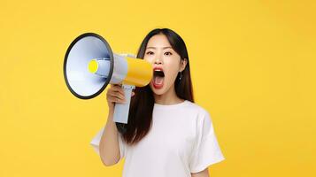 Cheerful of Asian young pretty woman holding megaphone making announcement in isolated yellow background. Generative Ai photo