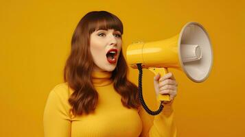 Cheerful young pretty woman holding megaphone making announcement in isolated yellow background. Generative Ai photo