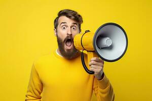 Surprised face of young bearded man wears blue shirt hold scream in megaphone announces discounts sale Hurry up isolated on plain yellow background. Generative Ai photo