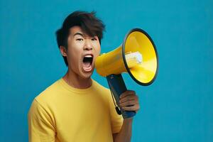 Wow face of Asian young man wears blue shirt hold scream in megaphone announces discounts sale Hurry up isolated on plain yellow background. Generative Ai photo