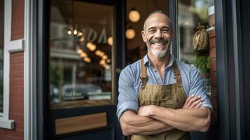 A small business owner smiles at the front door with his arms crossed. Generative Ai photo