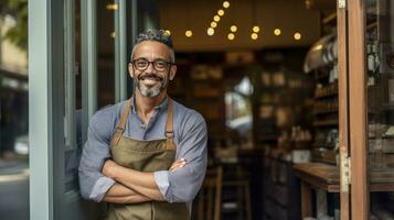 A small business owner smiles at the front door with his arms crossed. Generative Ai photo