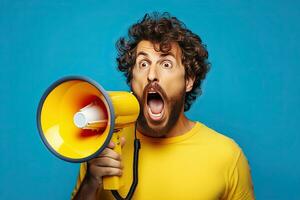 Wow face of young bearded man wears blue shirt hold scream in megaphone announces discounts sale Hurry up isolated on plain yellow background. Generative A photo