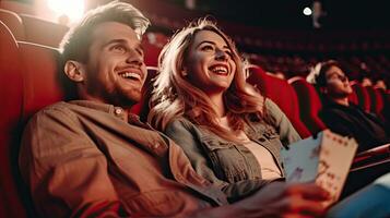 A young joyful couple in the cinema, watching an exciting movie. Cinema concept. Generative Ai photo