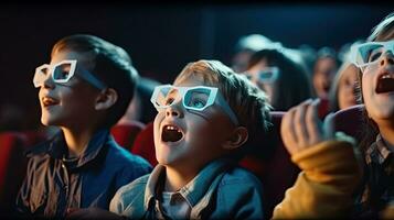 Amazed children in casual wear and 3D glasses in cinema. Cinema concept. Generative Ai photo