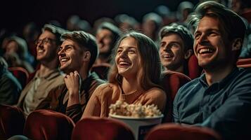 grupo de alegre personas riendo mientras acecho película en cine. concepto de recreación y entretenimiento. generativo ai foto