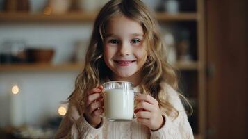 un pequeño niña linda niño participación un taza de leche, sensación contento disfrutar Bebiendo Leche en cocina. generativo ai foto