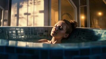 A young woman is relaxing in a jacuzzi at spa. Generative Ai photo