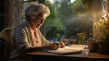 A senior woman sits by the window of her home in the morning writing a note on her desk telling her retirement story. Generative Ai photo