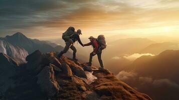 caminante Ayudar amigo alcanzar el montaña cima. ayuda o trabajo en equipo concepto. generativo ai foto