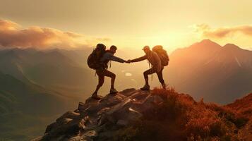 caminante Ayudar amigo alcanzar el montaña cima. ayuda o trabajo en equipo concepto. generativo ai foto